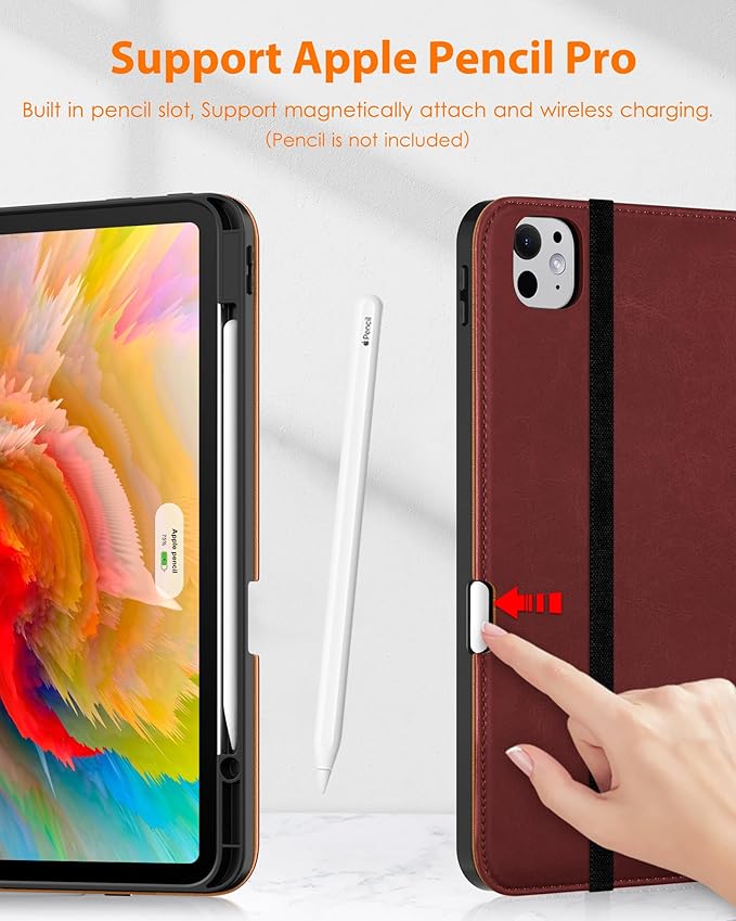 DTTO for iPad Pro 13 inch Case (M5/M4) 2025/2024, Premium Leather Business Folio Stand Cover with Pencil Holder - Auto Wake/Sleep & Multiple Viewing Angles, Built in Hand Strap & Pocket, Burgundy Red