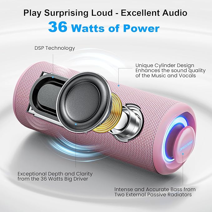 MIATONE Bluetooth Speakers 36W TWS Portable Speaker with Stereo Sound Bass, Bluetooth 5.3 Wireless USB Type C Outdoor Festival Gifts for Mom (Pink)