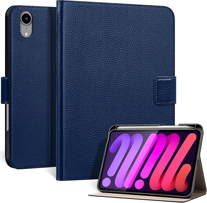 Genuine Leather Case for iPad mini 7th/6th Gen 8.3 Inch 2024/2021 | with Pencil Holder and Adjustable Stand, Magnetic Closure, Auto Wake/Sleep Cover | Blue
