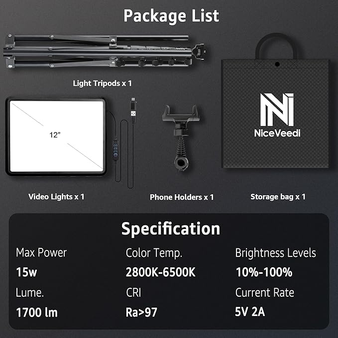 NiceVeedi 1-Pack Photography Lighting Kit, 2800-6500K Bi-Color LED Video Light Kit, Dimmable Studio Light with Tripod Stand & Phone Holder, Light for Video Recording, Game Streaming, YouTube