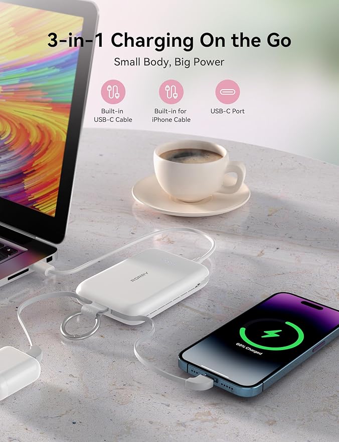 RORRY CharmGo Portable Charger, 10000mAh PD 30W Fast Charging Portable Charger Power Bank with Built-in Cables, Travel Keychain Charger Battery Pack for iPhone 17/16/15, for AirPods 2/3/4/Pro, Green