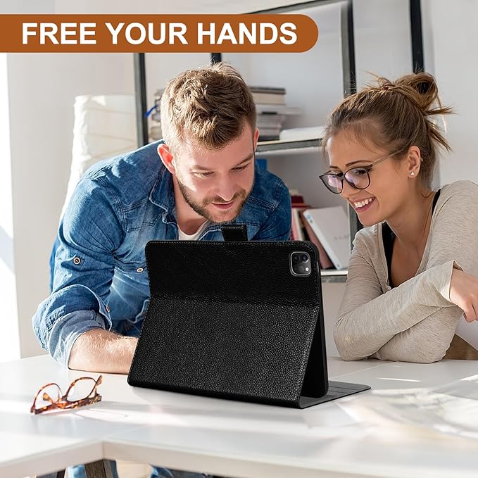 Genuine Leather Case for iPad Pro 11 Inch 4th/3rd/2nd/1st Generation 2022/2021/2020/2018 | with Pencil Holder and Adjustable Stand, Magnetic Closure, Auto Wake/Sleep Cover | Black