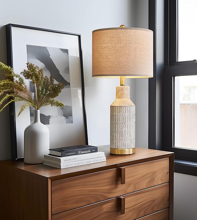 USumkky 25" Table Lamps Set of 2 - Modern Bedside Lamps for Living Room - White Washed Ceramic Nightstand Lamps for Bedroom