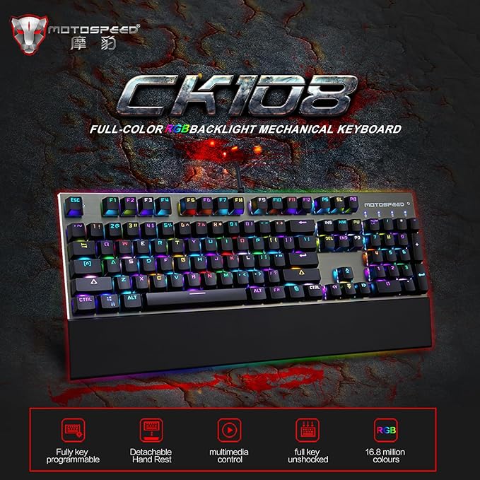 MOTOSPEED CK108 RGB LED Backlit Wired Mechanical Gaming Keyboard, 108 Keys Hot-Swap Mechanical Keyboard w/Aluminum Base, Upgraded Socket and Noise Absorbing Foams, Soft Tactile Red Switch ﻿