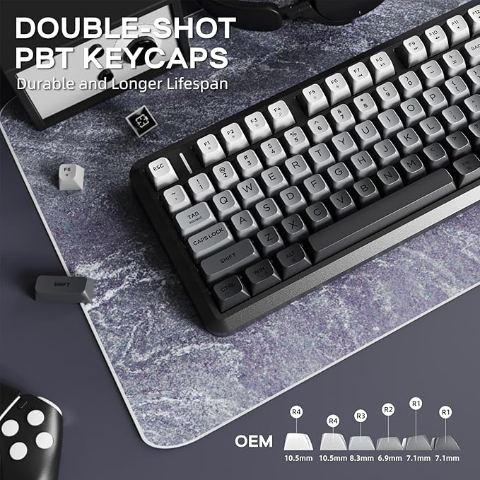 FREEWOLF M75 Wireless Mechanical Feel Gaming Keyboard Bluetooth/2.4Ghz Membrane with Knob & OLED Display Rainbow Backlit Gradient PBT Keycaps 2000mAH Battery Anti-Ghosting-Moonnight