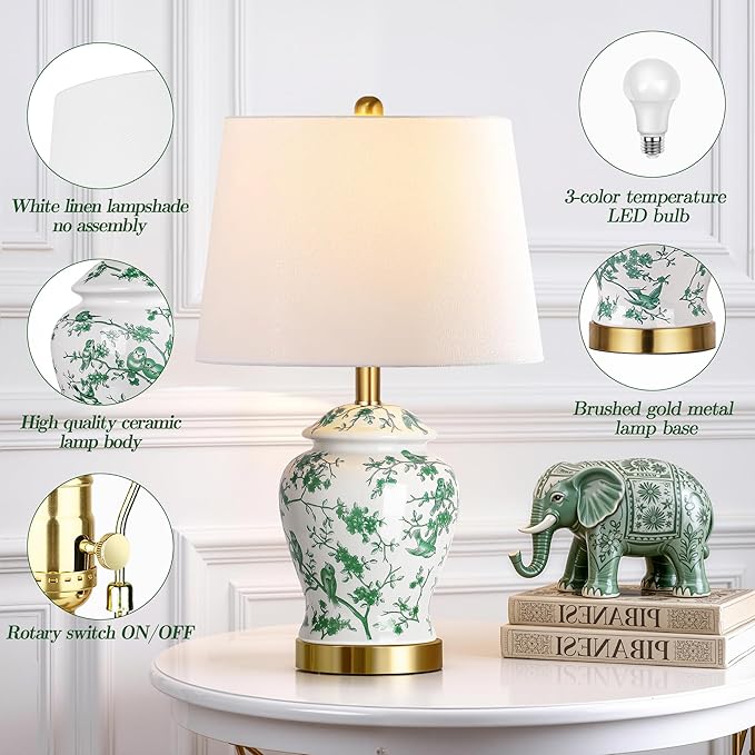 QiMH Chinoiserie Ceramic Table Lamps Set of 2 for Living Room, Vintage Traditional Bedside Lamps for Nightstands, 22" Large Green and White Table Lamp for Bedroom Cottage, Gold(LED Bulbs Included)