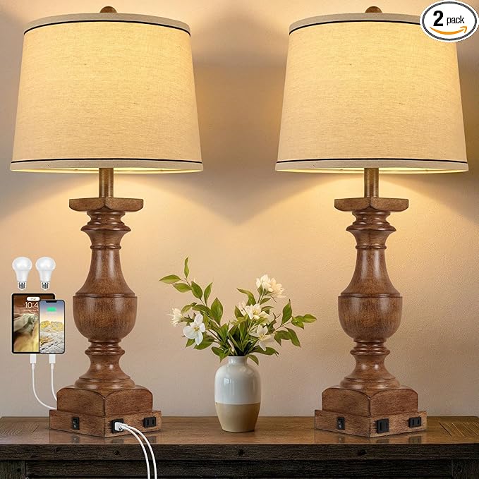 WIHTU Wood Grain Color Table Lamps, 28'' Resin Desk Lamp for Bedroom, Nightstand Lamps Set of 2, Farmhouse Bedside Lamps with Linen Shades, Rocker Switch, Table Lamps with USB A+C Port, Bulb Included