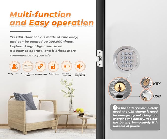 Keypad Door Knob, Digital Door Lock with Anti-Slip Handle, 3s Auto Lock, Keyless Entry Door Knob, Passage Mode, Backlight, Easy to Install for Home/Office/Bedroom