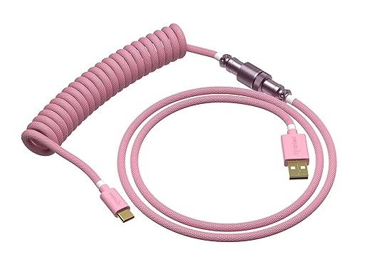 Ranked Coiled Keyboard Cable | Handcrafted Double-Sleeved Braided Cable | USB Type C to A | 5-Pin Aviator Connector for Custom Mechanical Gaming Keyboard | Support Fast Charge 20W (Pink)