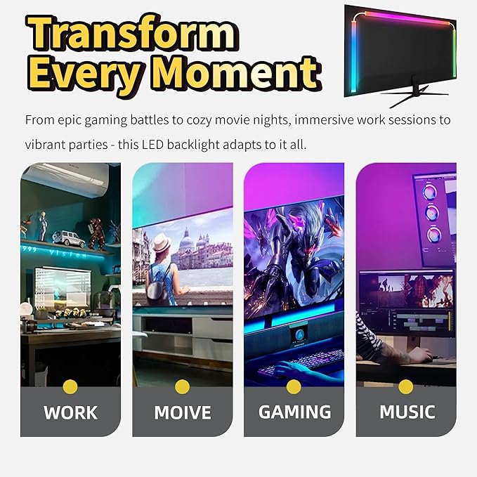 RGB Monitor Backlight for 34 Inch Ultrawide Monitors (21:9), Screen Sync Ambient Lighting Kit with Dual USB Power, Music Mode, Dynamic Gaming Lights for Curved Screens (4 Sides - 34 inch)