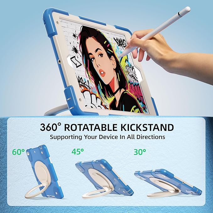 Andnary Case for iPad 9th/8th/7th Generation 10.2 inch, Shockproof Cover with Screen Protector/360° Rotate Stand/Pencil Holder/Shoulder Strap, Kids Case for iPad 2021/2020/2019 (Blue+White)