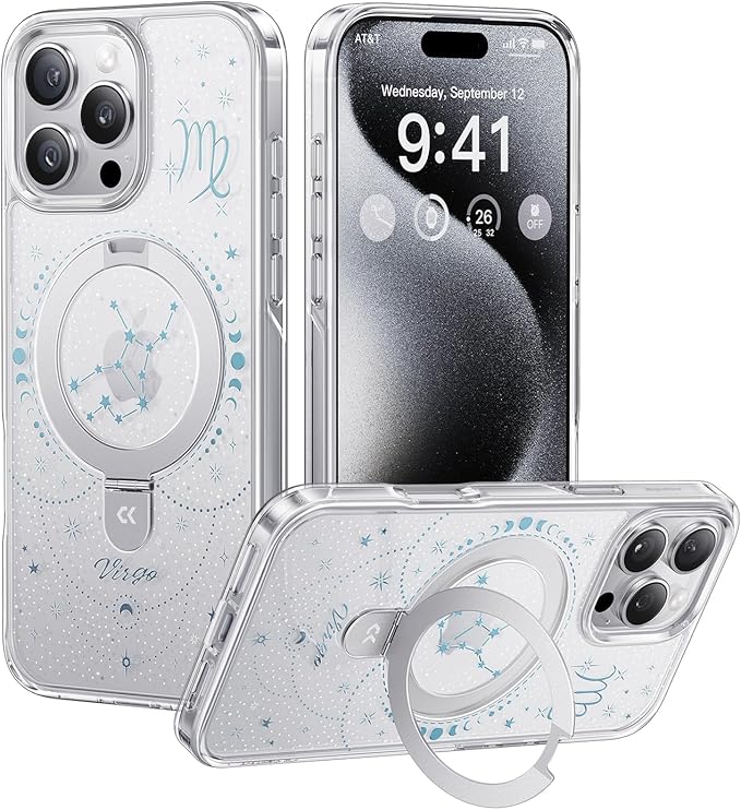 CASEKOO Virgo [Zodiac Collection] for iPhone 15 Pro Max Case with Magnetic Ring Stand [Compatible with MagSafe] [Military-Grade Protection] Fashion Clear Back Design, Soft Edge