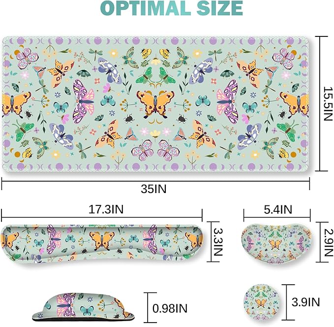 ARTSO Desk Mat Set, Aquamarine Extended Gaming Mouse Pad with Wrist Rest Support +Keyboard Wrist Rest +Coaster, Large Cute Butterfly Mousepad for Office, Home