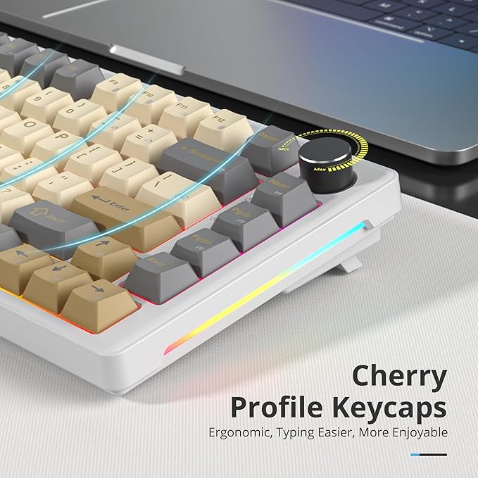 75% Retro Mechanical Keyboard Gasket with Knob, Custom Wired Creamy Gaming Keyboard TKL 75 Percent Hot Swappable RGB Backlit, Pre-lubed Switch for Win/MAC PC Laptop（Shimmer/White Switch）