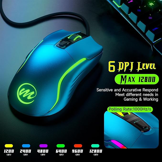 memzuoix Wired Gaming Mouse with RGB - 6 Adjustable DPI up to 12800, 6 Buttons, 12 Lighting Modes, Ergonomic Design with Anti-Slip Rubber Wheel, 5.6ft Braided Cable for PC/Mac/Windows - Blue