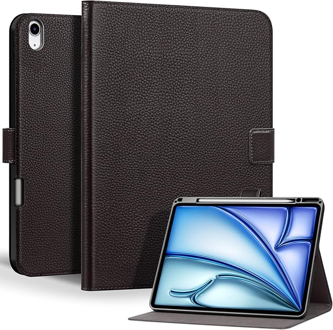 Genuine Leather Case for iPad Air 13 inch M4 2026/M3 2025/M2 2024 ，with Pencil Holder and Adjustable Stand, Magnetic Closure, Auto Wake/Sleep Cover | Dark Brown