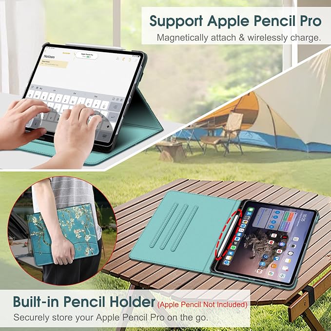 Fintie Folio Case for iPad Air 13-inch M4/M3/M2 (2026/2025/2024), Multi-Angle Viewing Protective Stand Cover with Pencil Holder & Pocket, Auto Sleep/Wake, Blossom