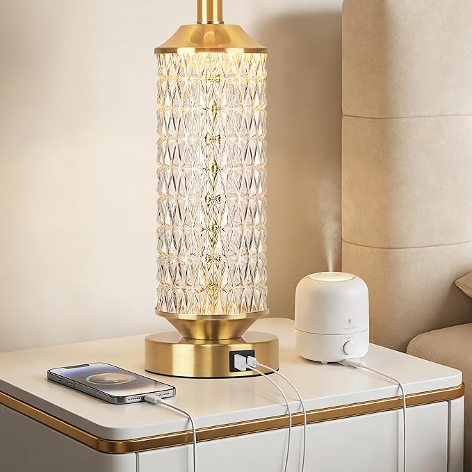 QiMH Gold Lamps for Living Room with LED Night Light,26" Modern Beside Lamps Set of 2 with Linen Shade & USB A+C Ports,Glass Table Lamps for Bedroom, Nightstand, Office, Home Decor(2 Blubs Included)