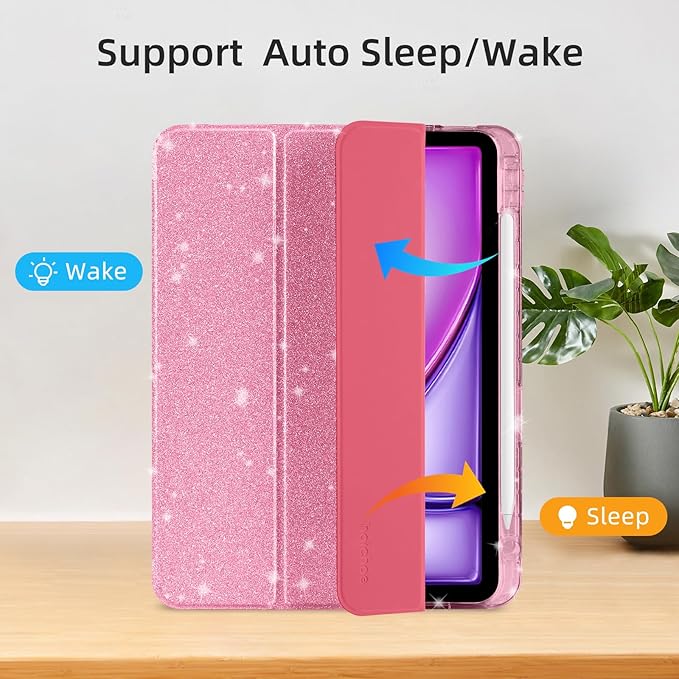 Case for iPad Air 13 Inch (M3 / M2, 2025/2024) & iPad Pro 12.9 6/5th Gen (2022/2021), Glittering Sparkly Cover with Shiny Clear Back Shell, Trifold Stand Case with Pencil Holder, Pink