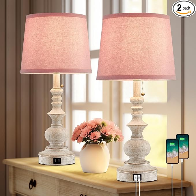 Drawealth 22'' Bedside Table Lamps Set of 2 Modern Farmhouse Nightstand Lamps for Bedroom with USB Charging Ports Vintage Boho Table Lamps for Girls Kids Living Room,Pink Shade,Bulbs Not Included