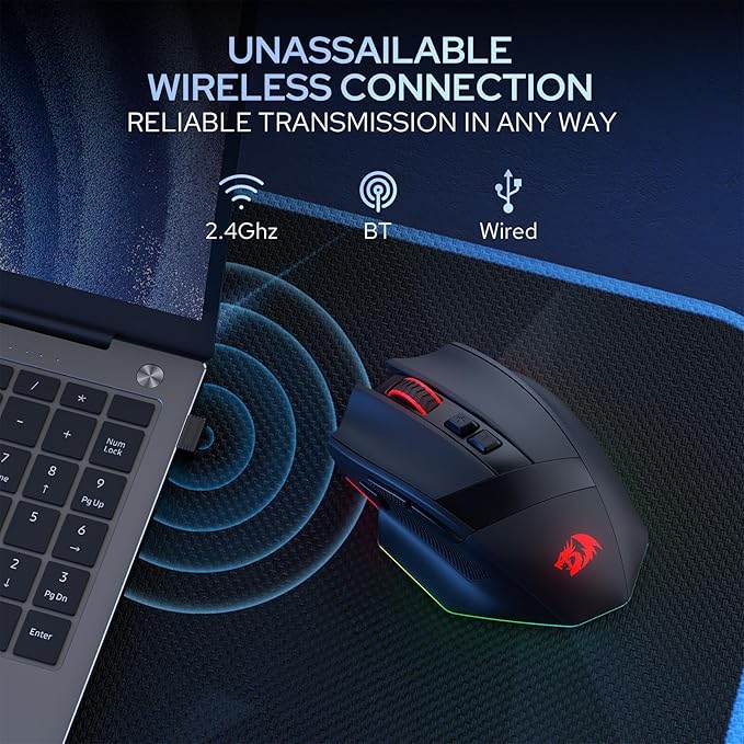 Redragon M923 PRO 3-Mode Wireless RGB Gaming Mouse, Optical Ergonomic Gamer Mouse with Max 24,000DPI, Pro Precision Sensor SG8960, 8 Macro Buttons, Software Supported