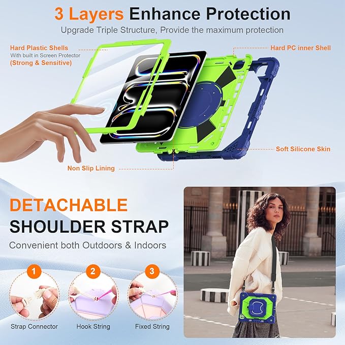 Case for iPad Pro 13 Inch M5 2025/ M4 2024, Ubearkk for iPad Pro 13 Inch case with Screen Protector, 360 Degree Rotating Stand Shoulder Strap Pencil Holder,Military Grade Shockproof, Navy Green