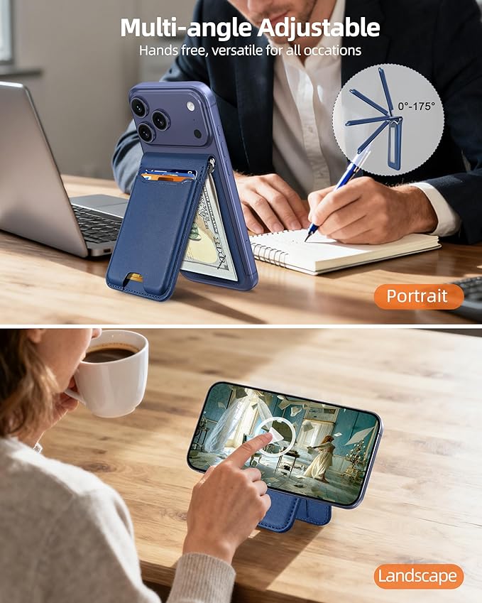 ExtreLife For Magsafe Wallet with Money Clip, Strongest Magnetic Wallet for iPhone 17/16/15/14/13/12 Series, Adjustable Stand, ID Window, 5 Card Holder, RFID Blocking, Not for 13/12 Mini, Navy Blue
