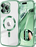 GVIEWIN for iPhone 16 Pro Case Compatible with MagSafe, Upgraded [Full Camera Protection][Cute Wave Frame][Military Grade Protection] Electroplated Soft Phone Cover for Women Girl, Clear/Green