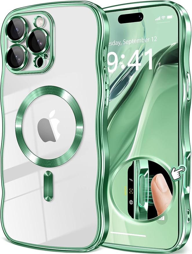 GVIEWIN for iPhone 16 Pro Case Compatible with MagSafe, Upgraded [Full Camera Protection][Cute Wave Frame][Military Grade Protection] Electroplated Soft Phone Cover for Women Girl, Clear/Green