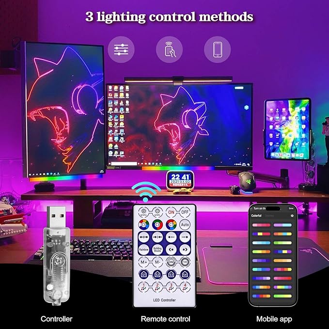 RGB LED Monitor Ambient Light Bar, 16 Inch USB Powered, APP Control & Music Sync, 16 Million Colors Dimmable, Gaming/Desk Display Backlight