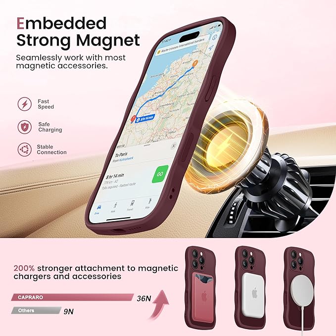CAPRARO for iPhone 16 Pro Case with 360° Spin Magnetic Stand for Women, [Compatible with MagSafe] [Full Camera Protection] Cute Wave Translucent Matte Case for iPhone 16 Pro, Wine Red