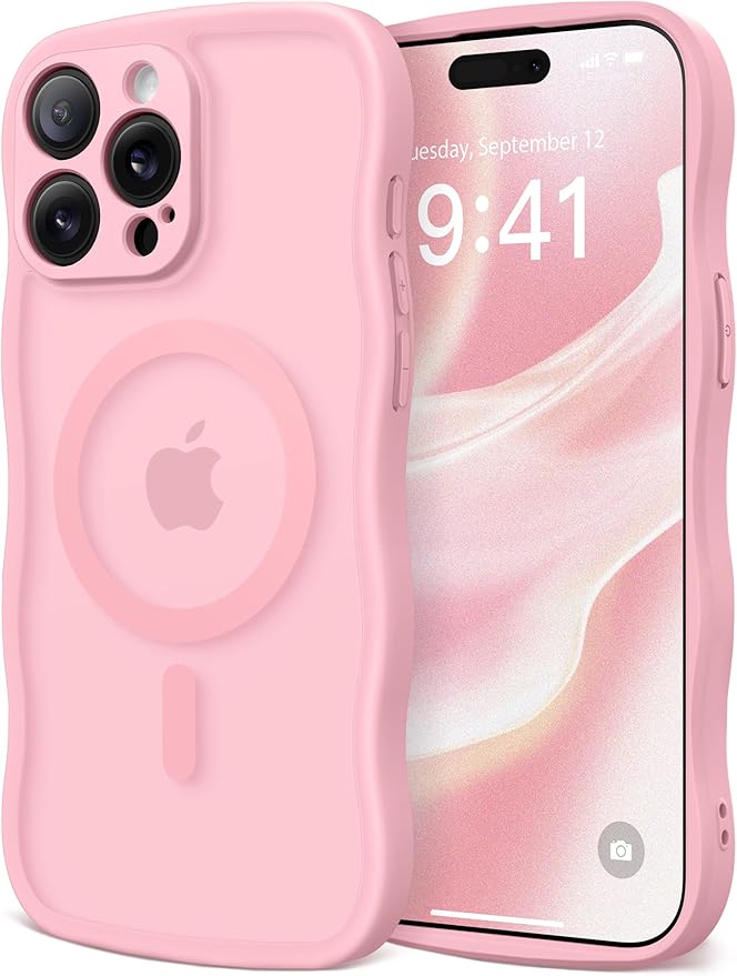 CAPRARO Cute for iPhone 15 Pro Case, Compatible with MagSafe, [Curly Wave Edge] [Full Camera Protection] [14 FT Drop Protection] Magnetic Phone Case for 15 Pro 6.1 Inch, Peach Pink