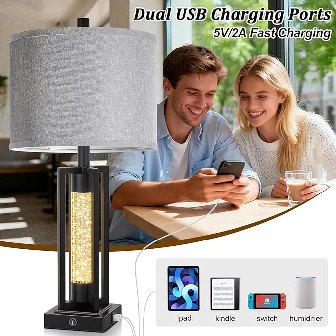 TOBUSA 26’’ Farmhouse Table Lamps for Living Room Set of 2, Modern Nightstand Lamps with Crystal Night Light & 2 USB Ports, Vintage Home Decor Black Bedside Lamps with Gray Linen Shade for Bedroom