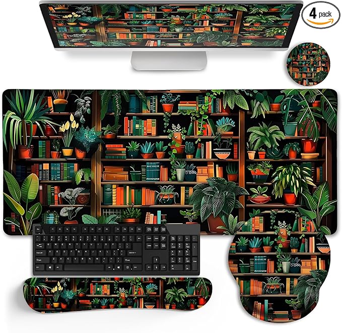 LIMKRIAN Book Mouse Pad Set Large Desk Matt for Desktop, Ergonomic Mouse Pad with Wrist Rest, Gaming Mouse Pad Wrist Support Keyboard Mat Cup Coaster Set Cute Office Desk Decor Accessories