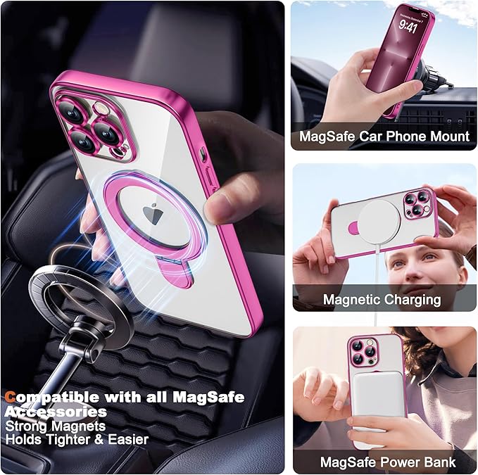 Compatible with iPhone 14 Pro Max Case with Magnetic Ring Stand [Compatible with Mag-Safe] [Full Camera Lens Protector] Soft Plating Clear Phone Case for iPhone 14 Pro Max 6.7", Rose