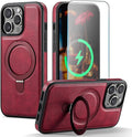 Compatible with iPhone 14 Pro Case with Stand, Compatible with MagSafe, Slim PU Leather & Durable TPU Protective Cover Drop-Proof with Tempered Glass Screen Protector 6.1", Red