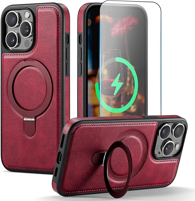 Compatible with iPhone 15 Pro Max Case with Stand, Compatible with MagSafe, Slim PU Leather & Durable TPU Protective Cover Drop-Proof with Tempered Glass Screen Protector 6.7", Red