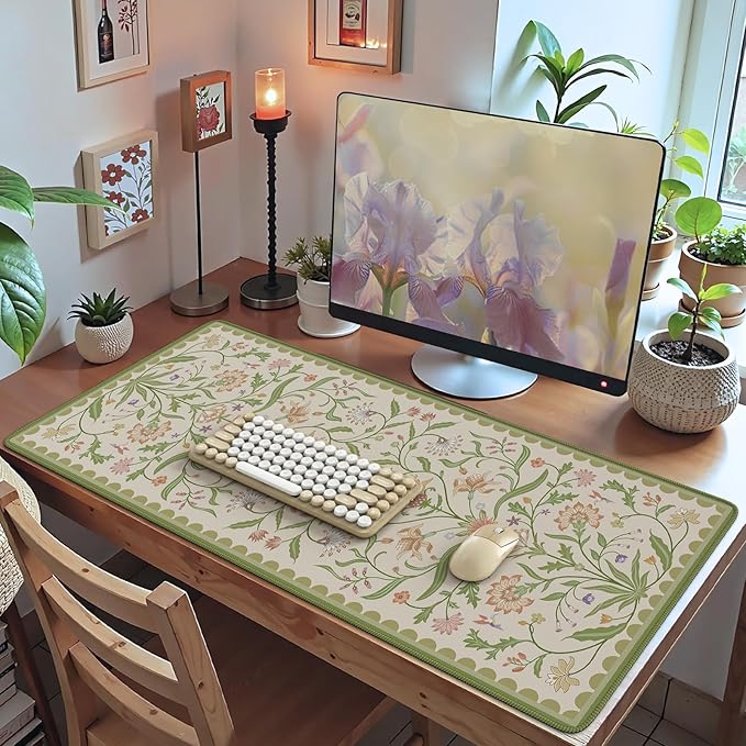 HAOCOO Sage Green Iris Flower Desk Pad Mat, Non-Slip XXL Mouse Pad with Stitched Edges, Cute Floral Computer Mat, Elegant Desk Decor for Home, School, Office Accessories