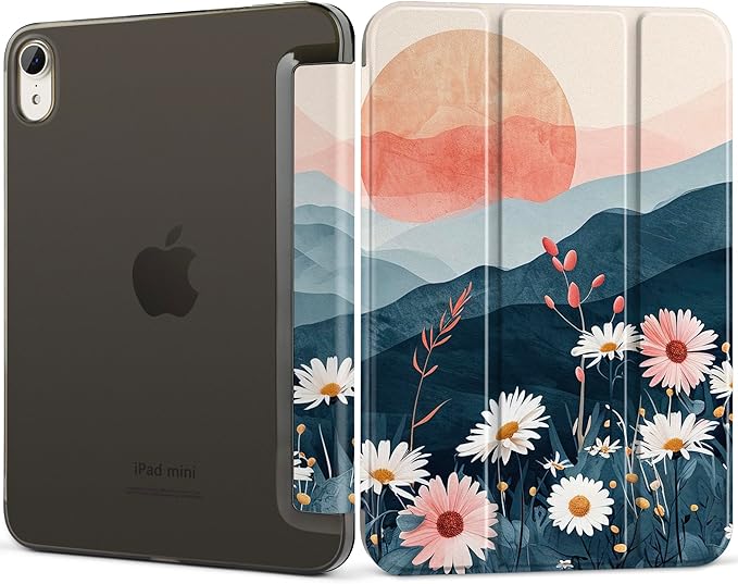 DONGKE for iPad mini 7 (A17 Pro) 2024 & iPad mini 6 2021 8.3 Inch, Slim Foldable Stand Hard PC Translucent Back Shell Smart Cover for iPad mini 7th/6th Generation [Auto Wake/Sleep] - Daisies