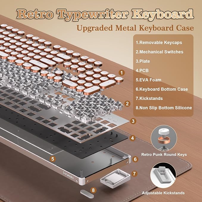 YUNZII QL108 Typewriter Style Mechanical Gaming Keyboard,Full Size Hot Swappable RGB Backlit Keyboards,Metal Panel Retro Punk Round Keycaps,USB Wired Computer Keyboard (Silver, Onyx Gray Switch)