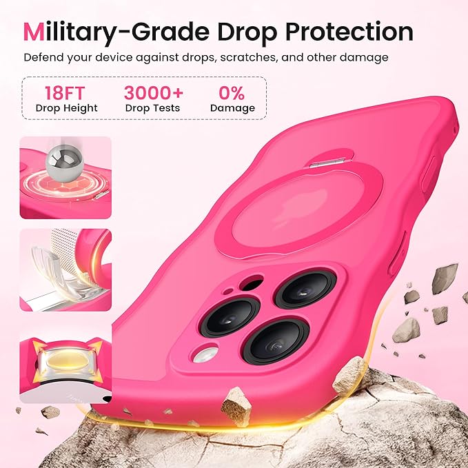 CAPRARO for iPhone 16 Pro Case with 360° Spin Magnetic Stand for Women, [Compatible with MagSafe] [Full Camera Protection] Cute Wave Translucent Matte Case for iPhone 16 Pro, Hot Pink