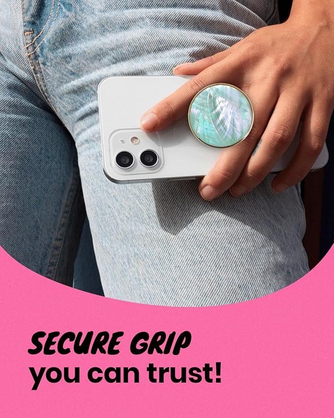 On The Grip Universal Phone Grip & Stand, Genuine Natural Gemstone/Seashell, Strong Adhesive Finger Holder, Collapsible Socket for iPhone, Samsung Galaxy, Kindle and Tablets (Aqua Blue)