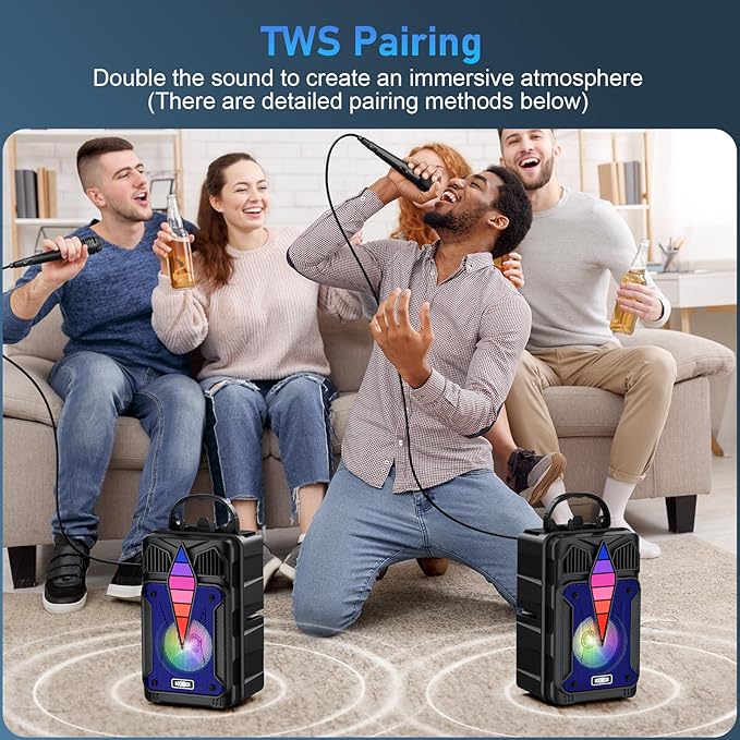 Dnil Portable Speaker with Voice Control, RGB Multi-Color Rhythm Light, Support TWS Pairing, Support USB/TF/FM/AUX Connection, Suitable for Home Party or Outdoor Use (Blue)
