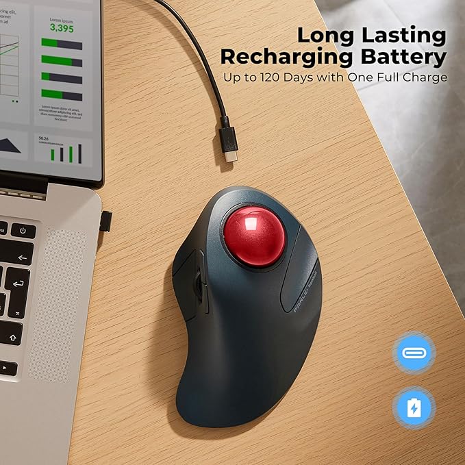 Wireless Trackball Mouse for Large Hands, Ergonomic Index Finger Control, Rechargeable Bluetooth/USB Mouse with Precise Smooth Tracking, Multi-Device Connection for Windows & Mac, Red