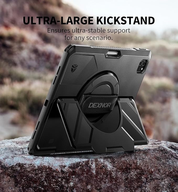Dexnor Case for iPad Pro 12.9 inch 6th/5th/4th/3rd Gen (2022/2021/2020/2018),Rugged Protective Case with 360° Rotating Hand Strap & Stand & Screen Protector & Pencil Holder Shockproof Cover,Black
