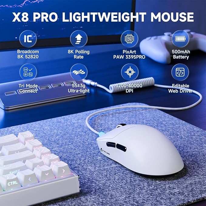 ATTACK SHARK X8 PRO 8K Wireless Gaming Mouse,PAW 3395PRO Sensor,40K DPI,Tri-Mode,55g Ultra-Light,Broadcom 52840 MCU Chip,Programmable Mice with Coiled Cable for PC/MAC/Win-White