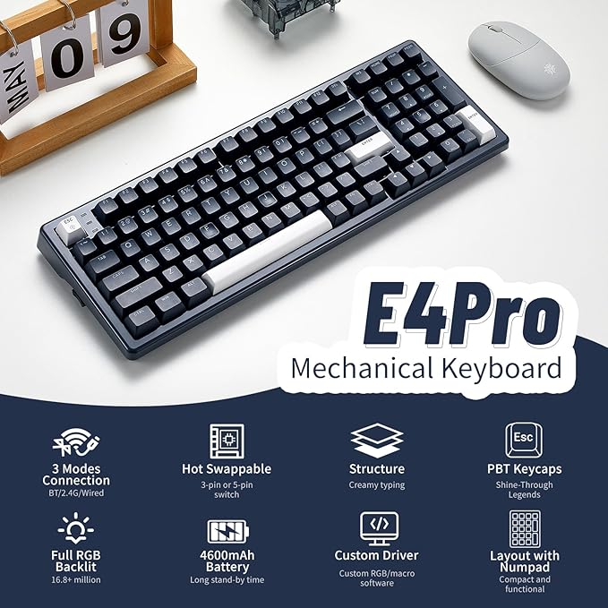 Hexgears E4Pro Wireless Creamy Mechanical Keyboard with Number Pad, Hot Swappable Custom Keyboard with Wrist Rest,Pre-lubed Tactile Switches,Gasket Structure,RGB Backlit Gaming Keyboard (Dark Blue)