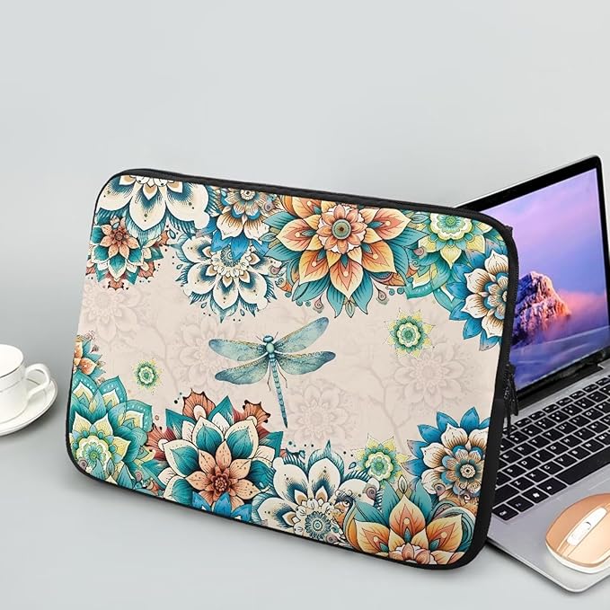 Boho Flower Dragonfly Laptop Protective Sleeve for Women Men Computer Sleeve 10 Inch Laptop Case Bag Lightweight Computer Carrying Case Suitable GITS for Teens Tablet Bags