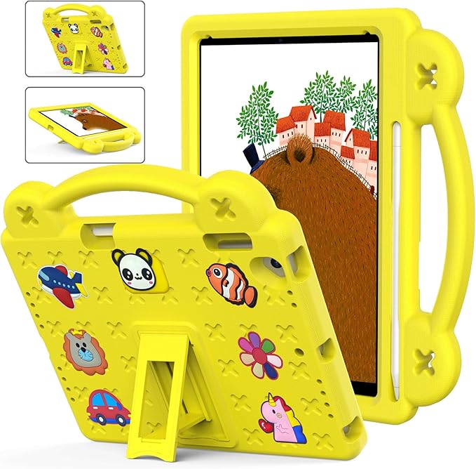 AKABEILA Compatible with Apple iPad Air 1 2013/Air 2 2014/Pro 9.7(2016)/iPad 9.7(2017/2018) Tablet Case, Kids Shockproof Protective Case with Shoulder Strap & Stand Handle & Pen Tray Yellow