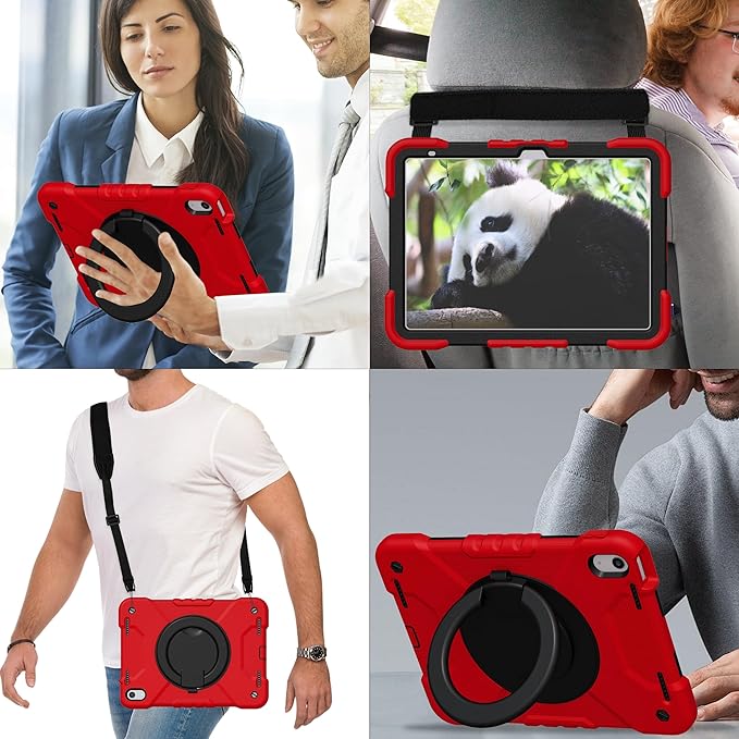 Andnary Case for iPad (A16) 11th Generation 11 inch 2025/10th Generation 10.9 inch 2022, Shockproof Cover with Screen Protector/360° Rotate Handle/Bracket/Pen Holder/Shoulder Strap (Red+Black)